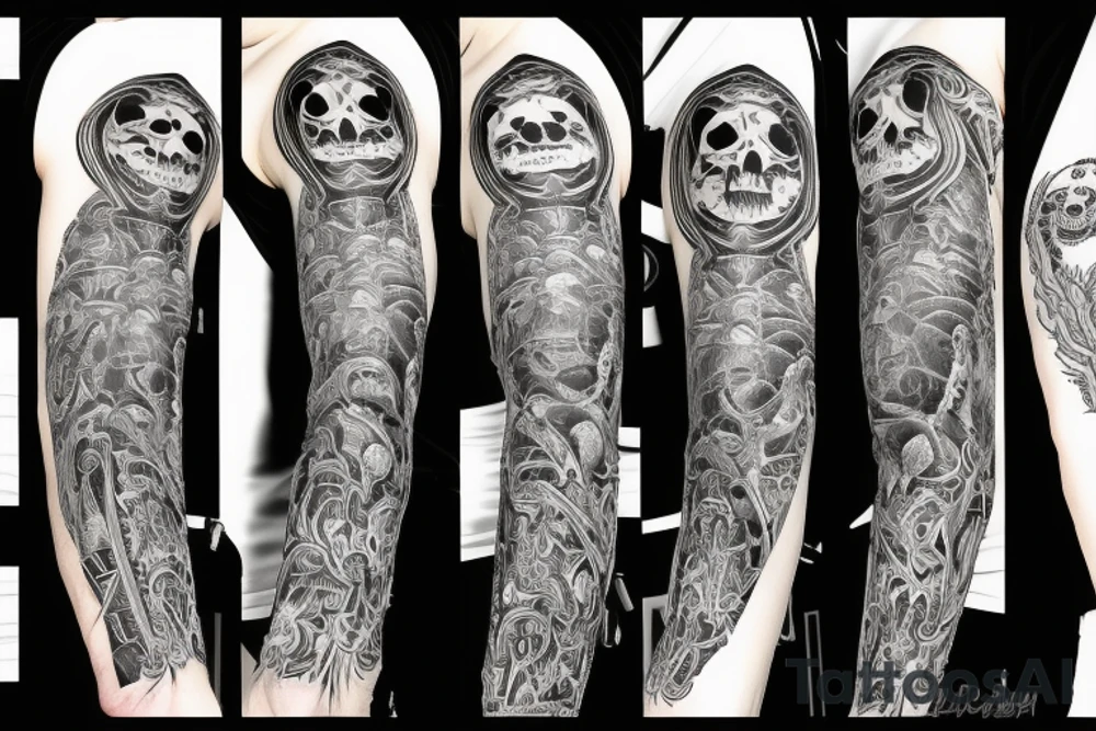 Full arm sleeve representing death, dark symbolism, mythology and gods tattoo idea