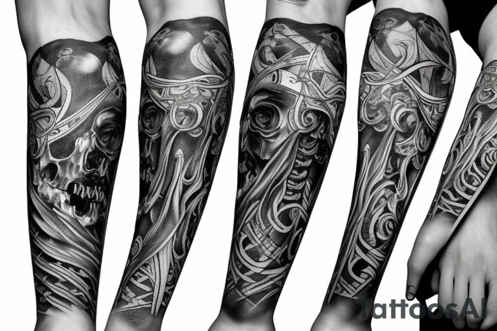 Full arm sleeve representing death, dark symbolism, mythology and gods tattoo idea