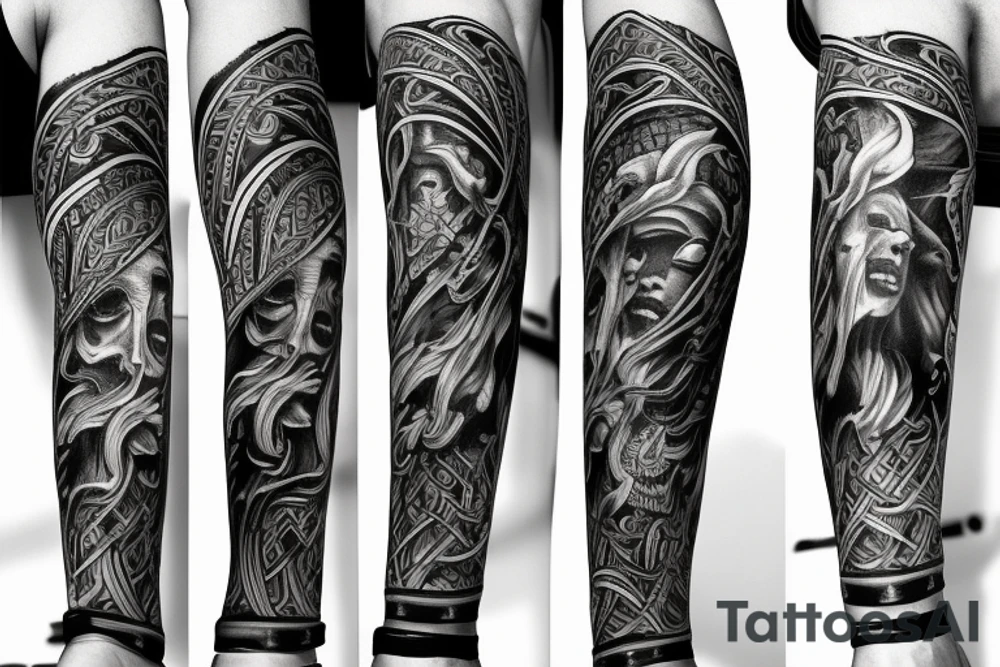 Full arm sleeve representing death, dark symbolism, mythology and gods tattoo idea