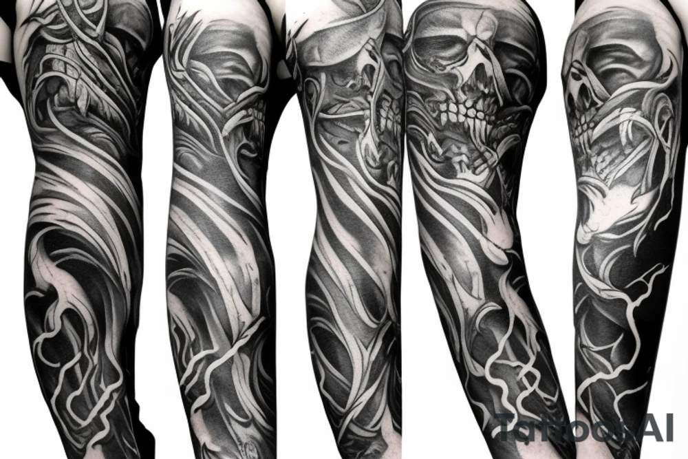 Full arm sleeve representing death, dark symbolism, mythology and gods tattoo idea