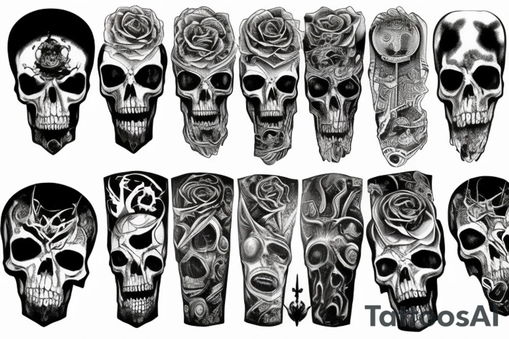 Full arm sleeve representing death, dark symbolism, mythology and gods tattoo idea