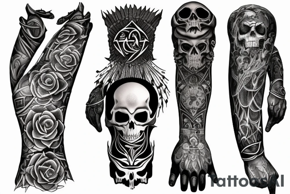 Full arm sleeve representing death, dark symbolism, mythology and gods tattoo idea