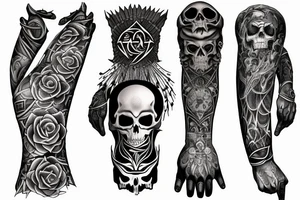 Full arm sleeve representing death, dark symbolism, mythology and gods tattoo idea