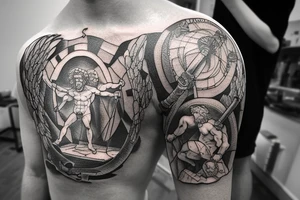 Realistic stone statue of the Greek God Atlas carrying an armillary sphere on his shoulders, fine line. tattoo idea