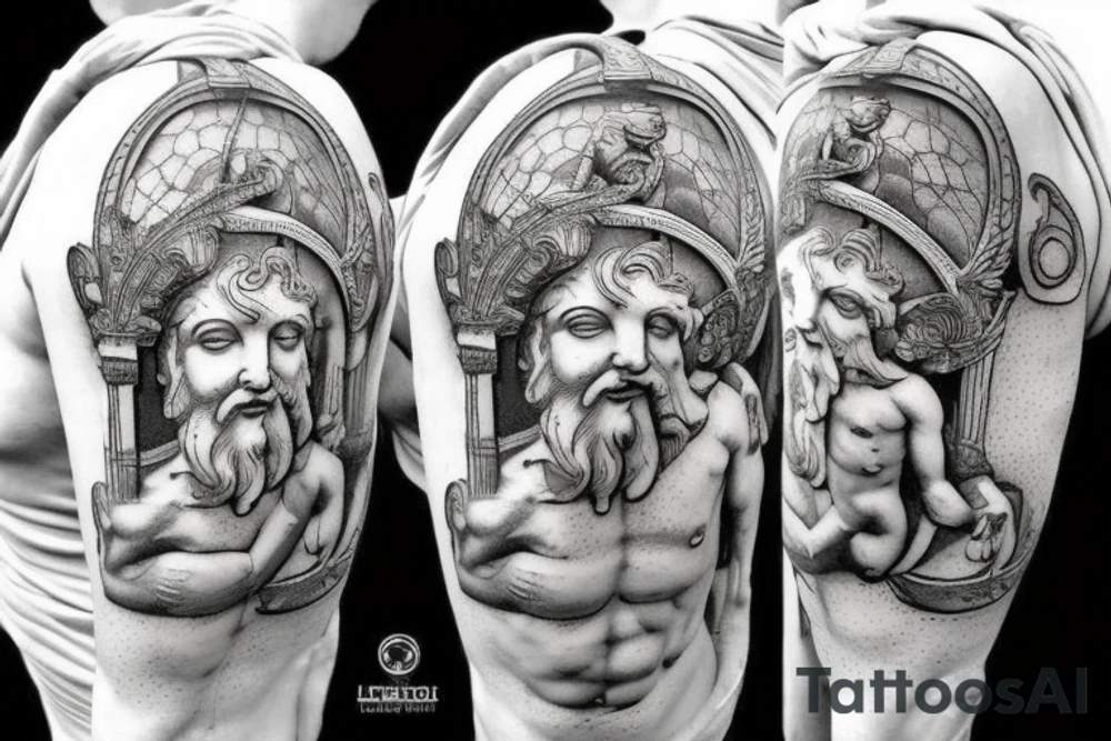 Realistic stone statue of the Greek God Atlas carrying an armillary sphere on his shoulders, fine line. tattoo idea