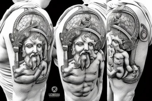 Realistic stone statue of the Greek God Atlas carrying an armillary sphere on his shoulders, fine line. tattoo idea