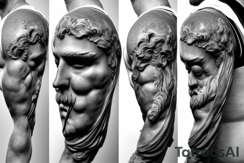 Realistic stone statue of the Greek God Atlas carrying an armillary sphere on his shoulders, fine line. tattoo idea