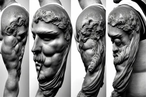 Realistic stone statue of the Greek God Atlas carrying an armillary sphere on his shoulders, fine line. tattoo idea