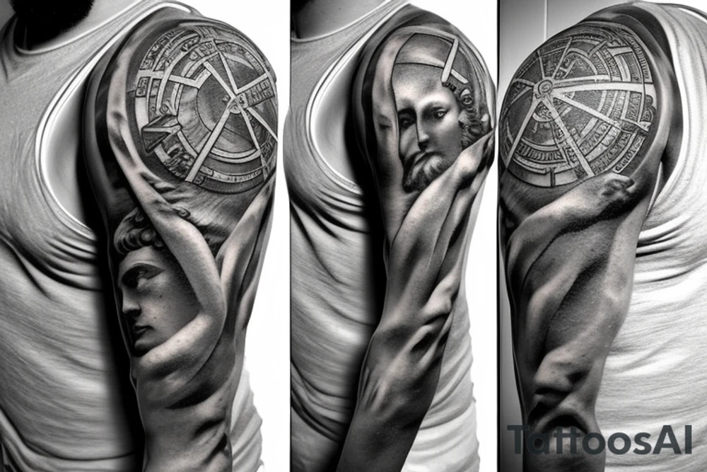 Realistic stone statue of the Greek God Atlas carrying an armillary sphere on his shoulders, fine line. tattoo idea