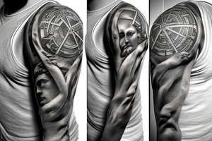 Realistic stone statue of the Greek God Atlas carrying an armillary sphere on his shoulders, fine line. tattoo idea