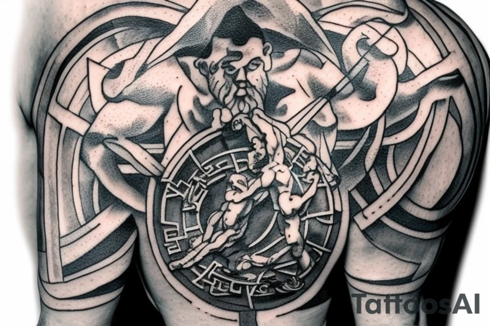 Realistic stone statue of the Greek God Atlas carrying an armillary sphere on his shoulders, fine line. tattoo idea