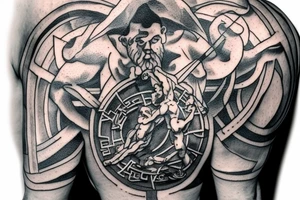 Realistic stone statue of the Greek God Atlas carrying an armillary sphere on his shoulders, fine line. tattoo idea
