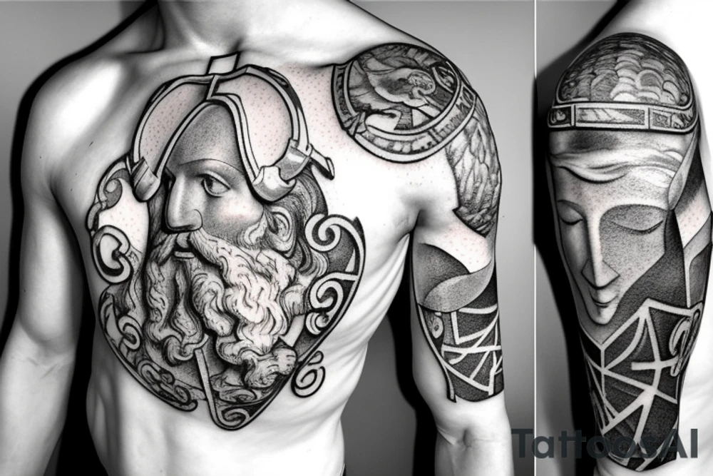 Realistic stone statue of the Greek God Atlas carrying an armillary sphere on his shoulders, fine line. tattoo idea