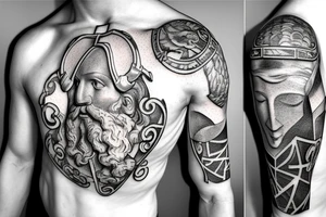 Realistic stone statue of the Greek God Atlas carrying an armillary sphere on his shoulders, fine line. tattoo idea