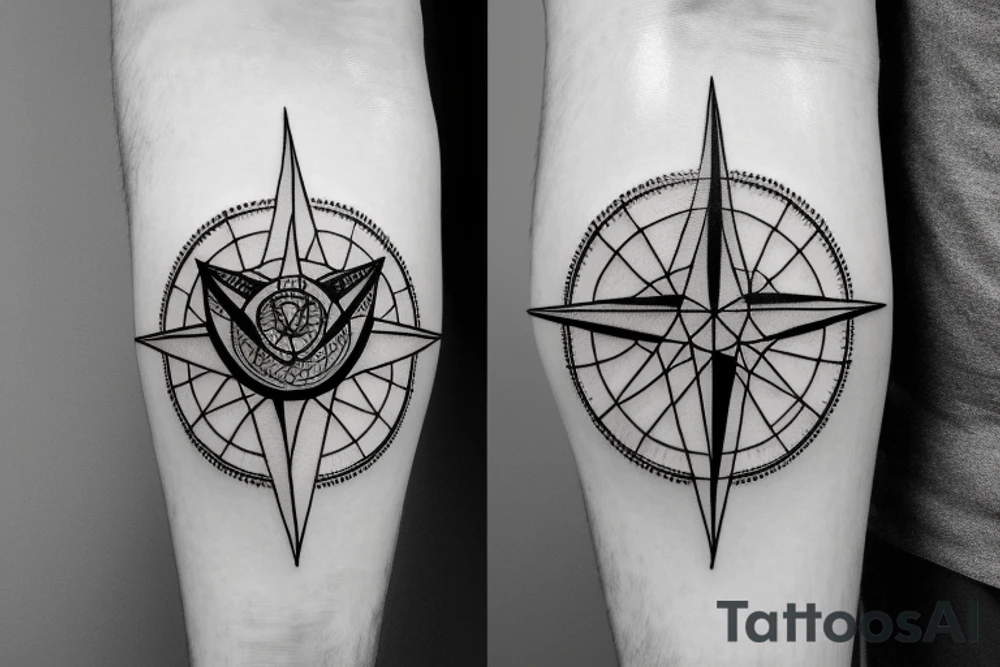 Geometric compass with mountains and a tree of life tattoo idea