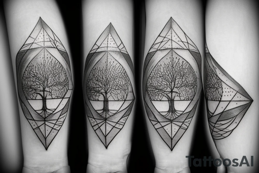 Geometric compass with mountains and a tree of life tattoo idea