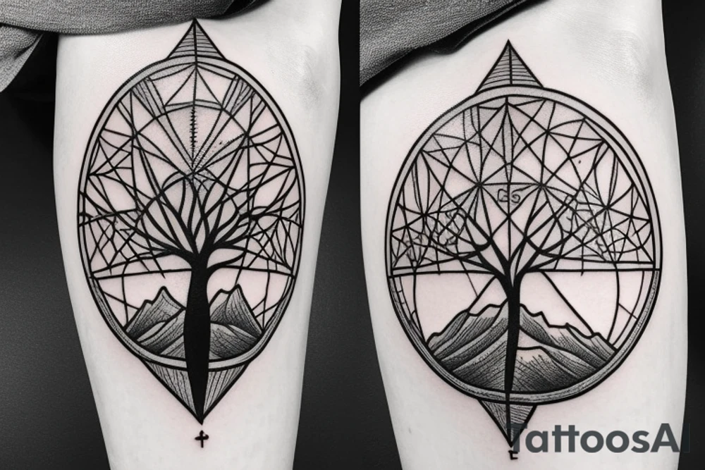 Geometric compass with mountains and a tree of life tattoo idea Geometric compass with mountains and a tree of life tattoo idea