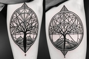 Geometric compass with mountains and a tree of life tattoo idea
