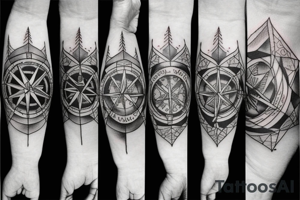 Compass, mountains, wolf tattoo idea