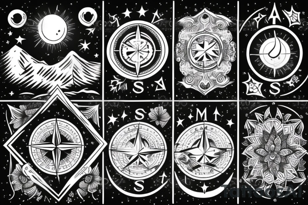 Compass with mountains and moon tattoo idea