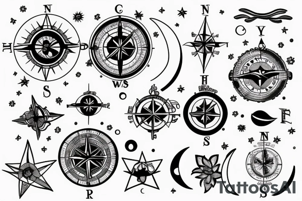 Compass and moon tattoo idea