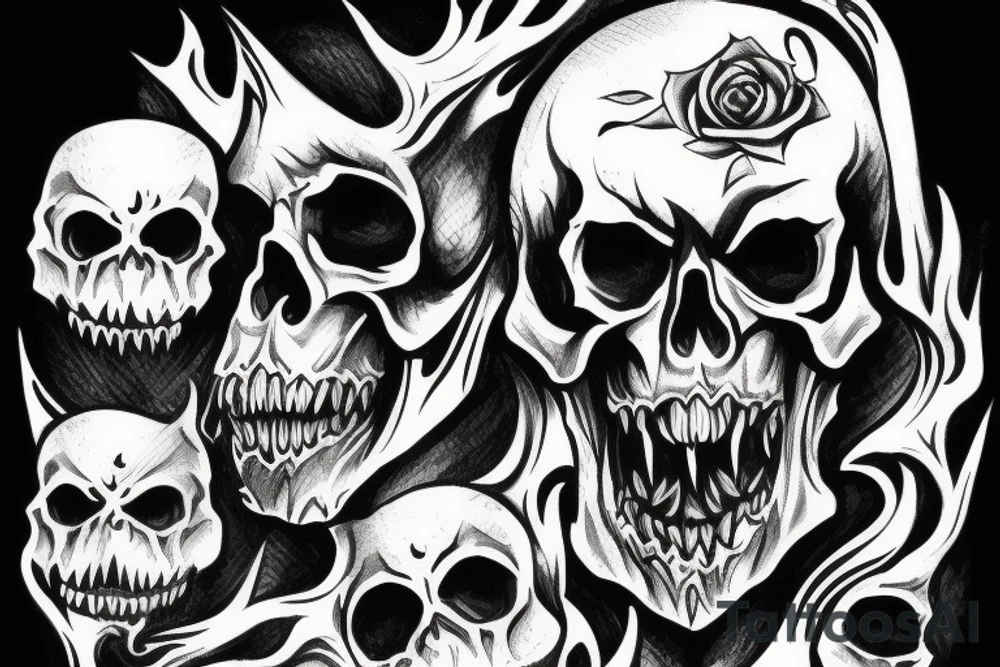 Demonic skull with sharp teeth and dripping dipping saliva tattoo idea