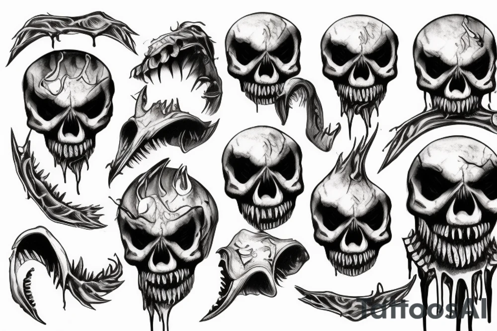 Demonic skull with sharp teeth and dripping dipping saliva tattoo idea