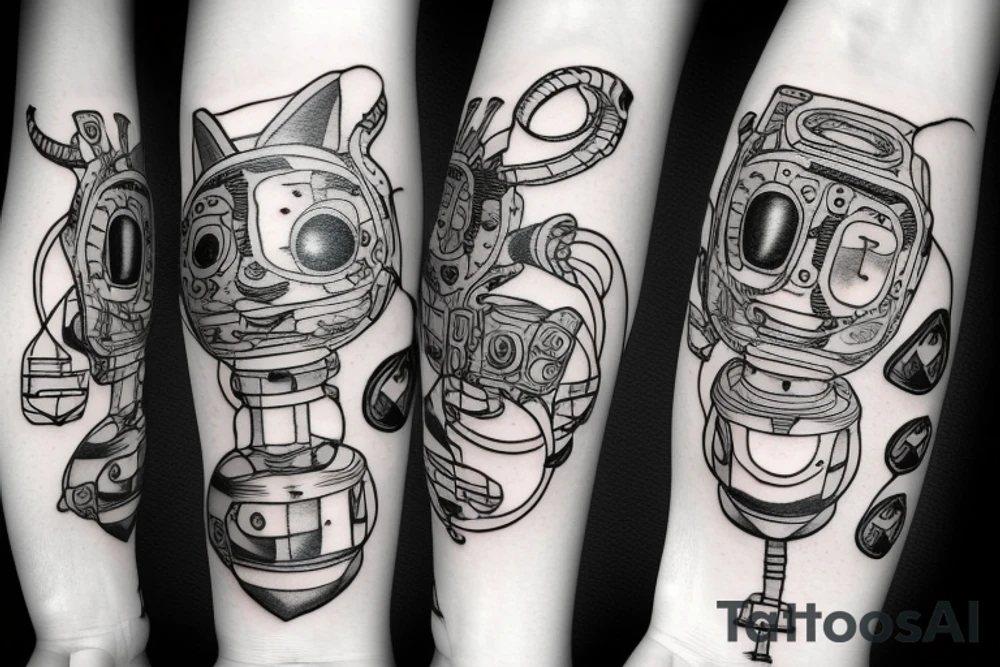 Robot cat with pencil arms tattoo idea