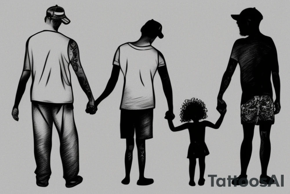 A dad holds hands with his 3 year old daughter at the beach, in front of the sea. He is wearing a backwards cap, she has curly hair. The sun is setting behind them tattoo idea