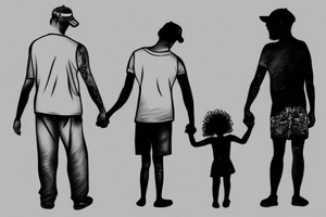 A dad holds hands with his 3 year old daughter at the beach, in front of the sea. He is wearing a backwards cap, she has curly hair. The sun is setting behind them tattoo idea