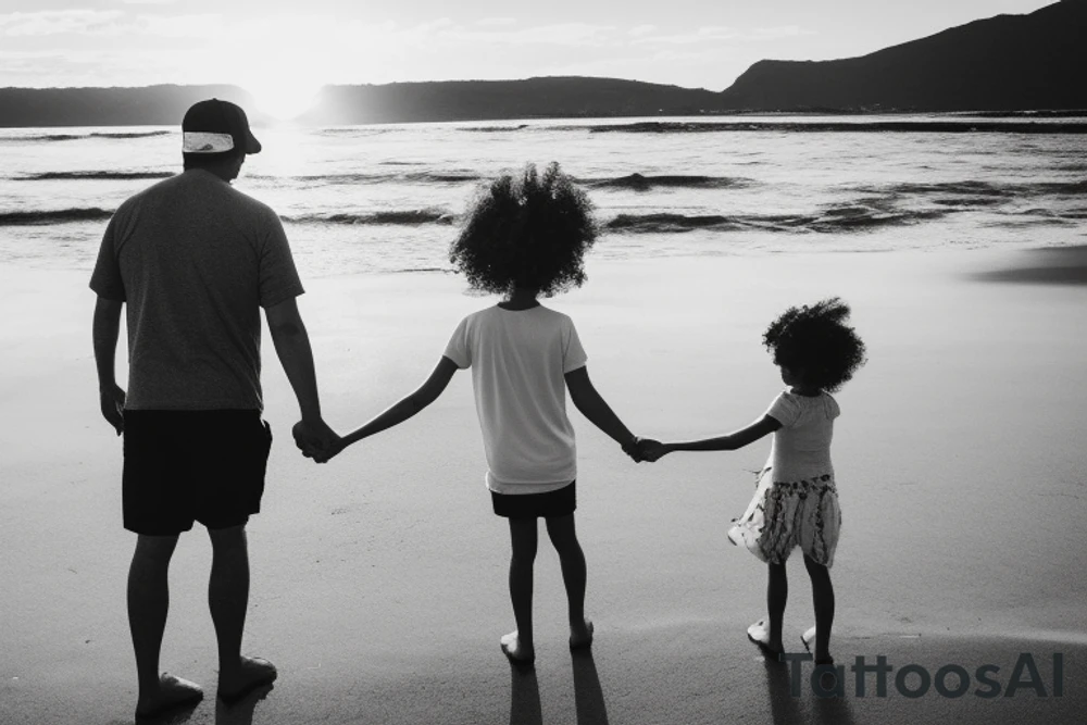 A dad holds hands with his 3 year old daughter at the beach, in front of the sea. He is wearing a backwards cap, she has curly hair. The sun is setting behind them tattoo idea