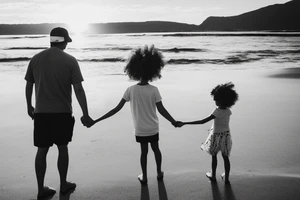 A dad holds hands with his 3 year old daughter at the beach, in front of the sea. He is wearing a backwards cap, she has curly hair. The sun is setting behind them tattoo idea