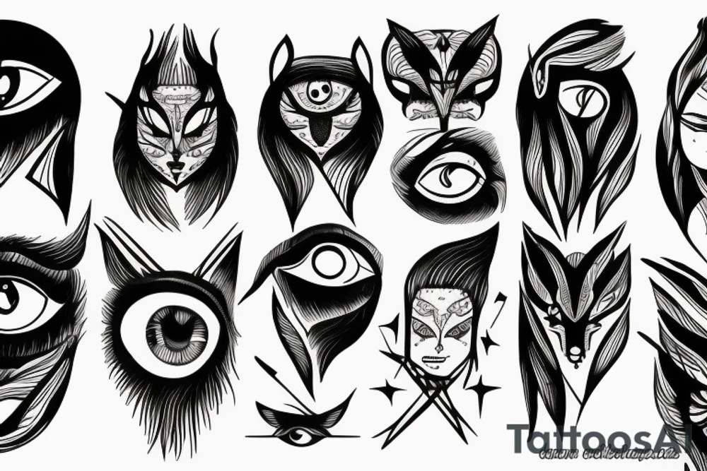 Row of pointed angry eyes tattoo idea