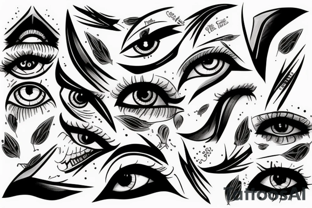 Row of pointed angry eyes tattoo idea