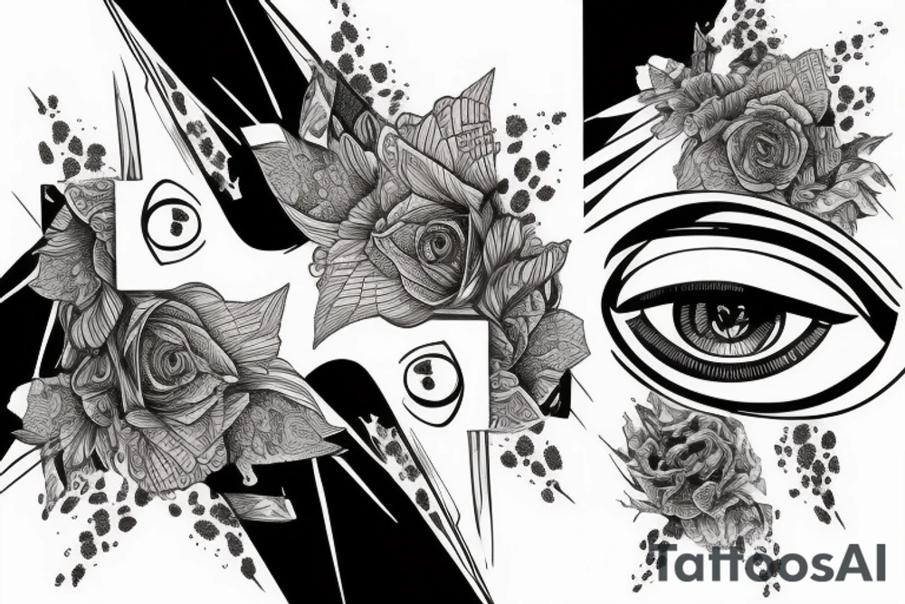 Row of pointed distorted eyes tattoo idea