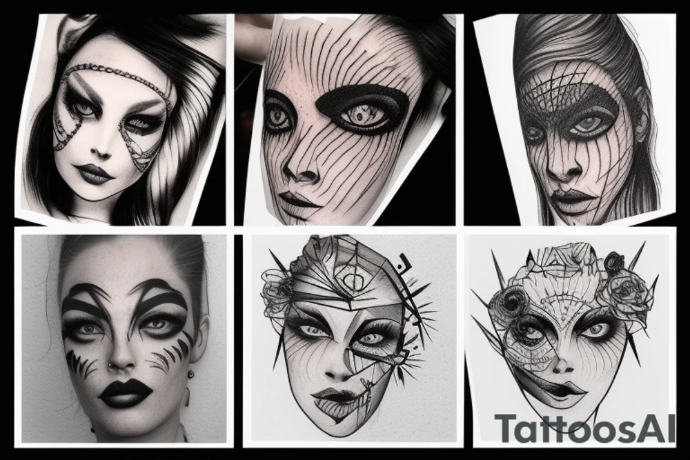 Row of pointed distorted eyes tattoo idea