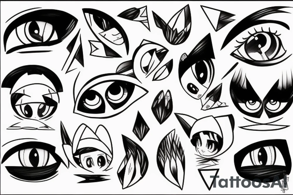 Row of simplistic pointed anime eyes filled with anger tattoo idea