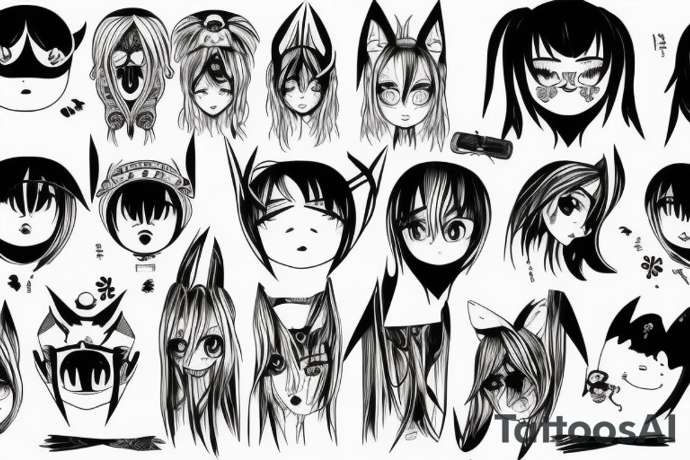 Row of simplistic pointed anime eyes filled with anger tattoo idea