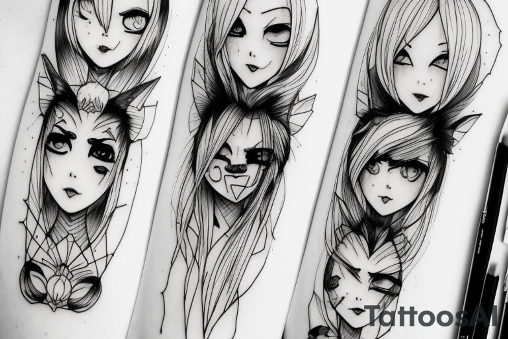 Row of sinister simplistic pointed anime eyes tattoo idea