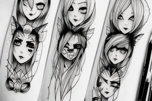Row of sinister simplistic pointed anime eyes tattoo idea