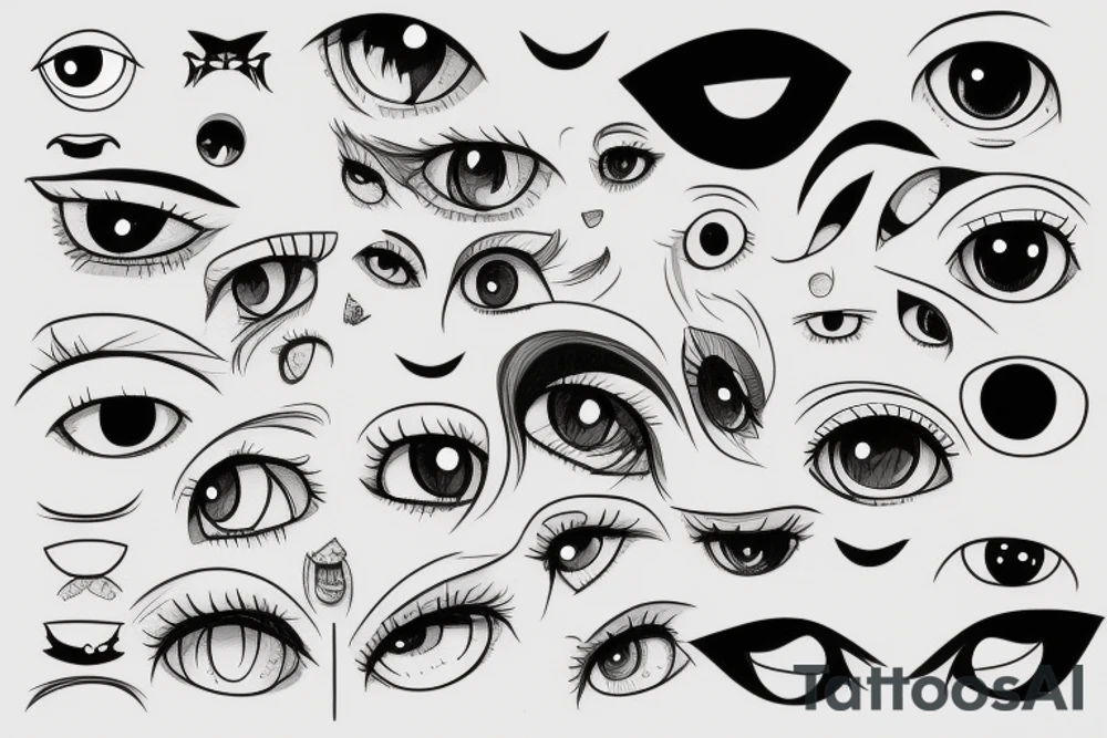 Row of sinister simplistic pointed anime eyes tattoo idea