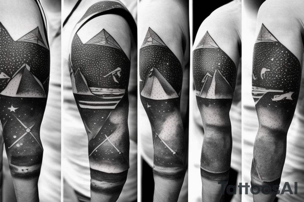 Egyptian Pyramids with Orion’s Belt Constellation and Camels. Man on a Journey Themed. Sleeve tattoo tattoo idea