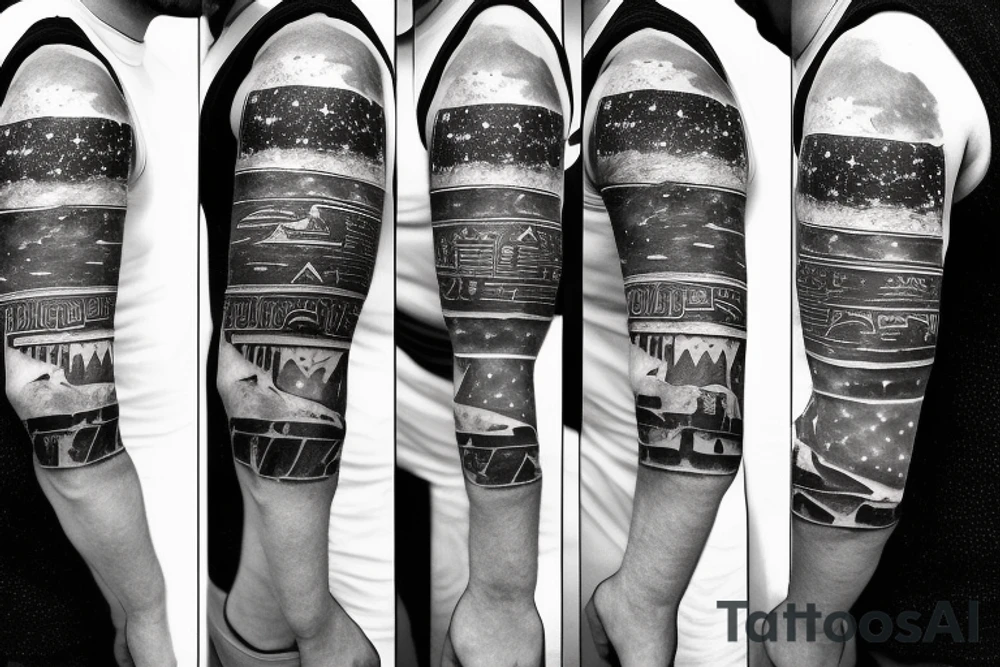 Egyptian Pyramids with Orion’s Belt Constellation on top and Camels. Man on a Journey Themed. Sleeve tattoo tattoo idea
