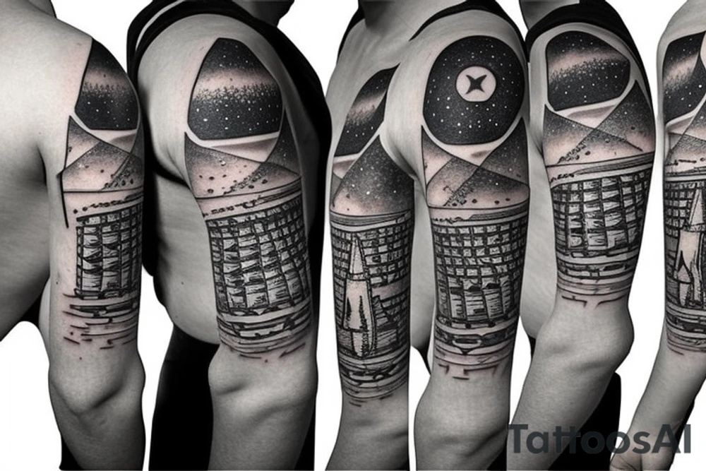 Egyptian Pyramids with Orion’s Belt Constellation on top and Camels. Half Sleeve tattoo tattoo idea