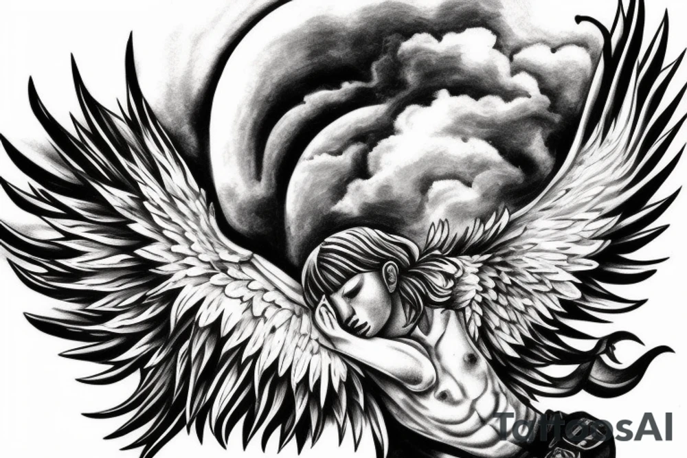 Icarus Tattoo with Cloud Filling and Quote. tattoo idea
