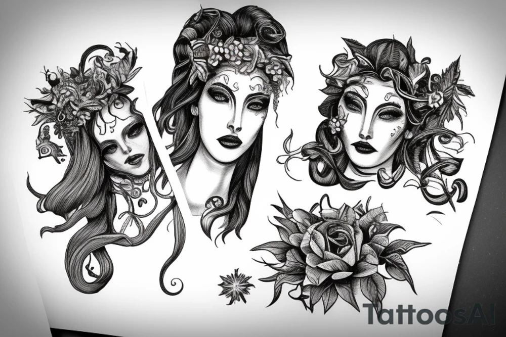 Portrait of Medusa and Hera grecque style tattoo idea