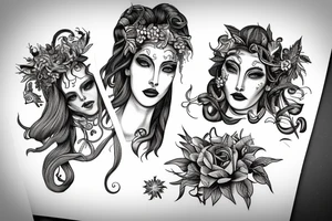 Portrait of Medusa and Hera grecque style tattoo idea