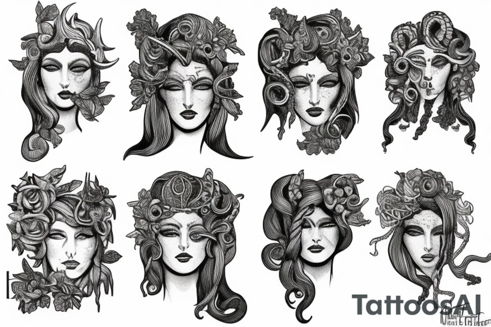 Portrait of Medusa and Hera grecque style tattoo idea