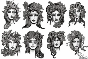 Portrait of Medusa and Hera grecque style tattoo idea