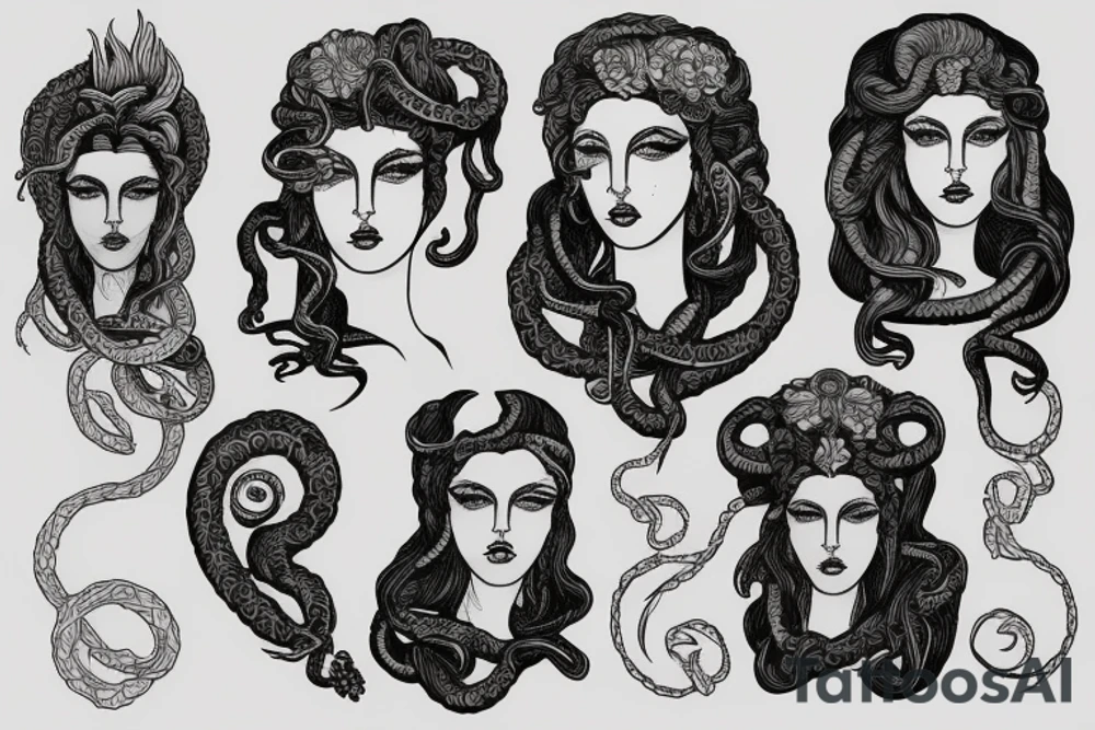 Portrait of Medusa and portrait of Hera grecque style tattoo idea